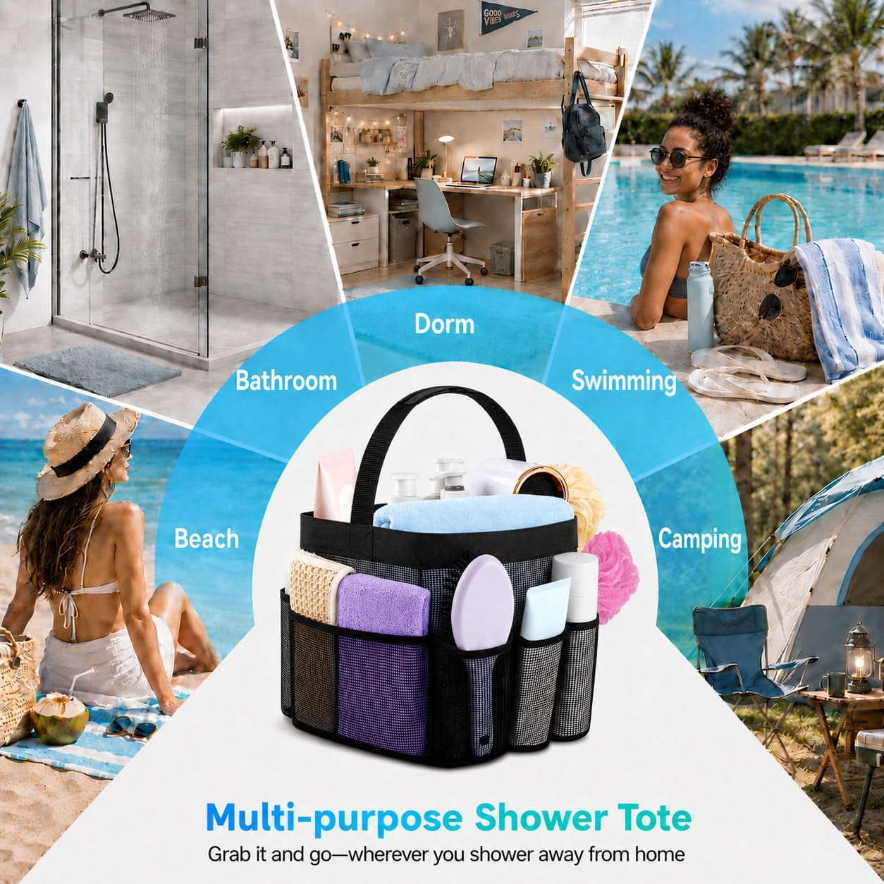 Mesh Shower Caddy Portable for College Dorm Room Camping Essentials, Shower Caddy Dorm with 9-Pockets, Large Capacity Hanging Basket Bathroom Bag for Toiletry, Swimming, Gym, Camp, Beach