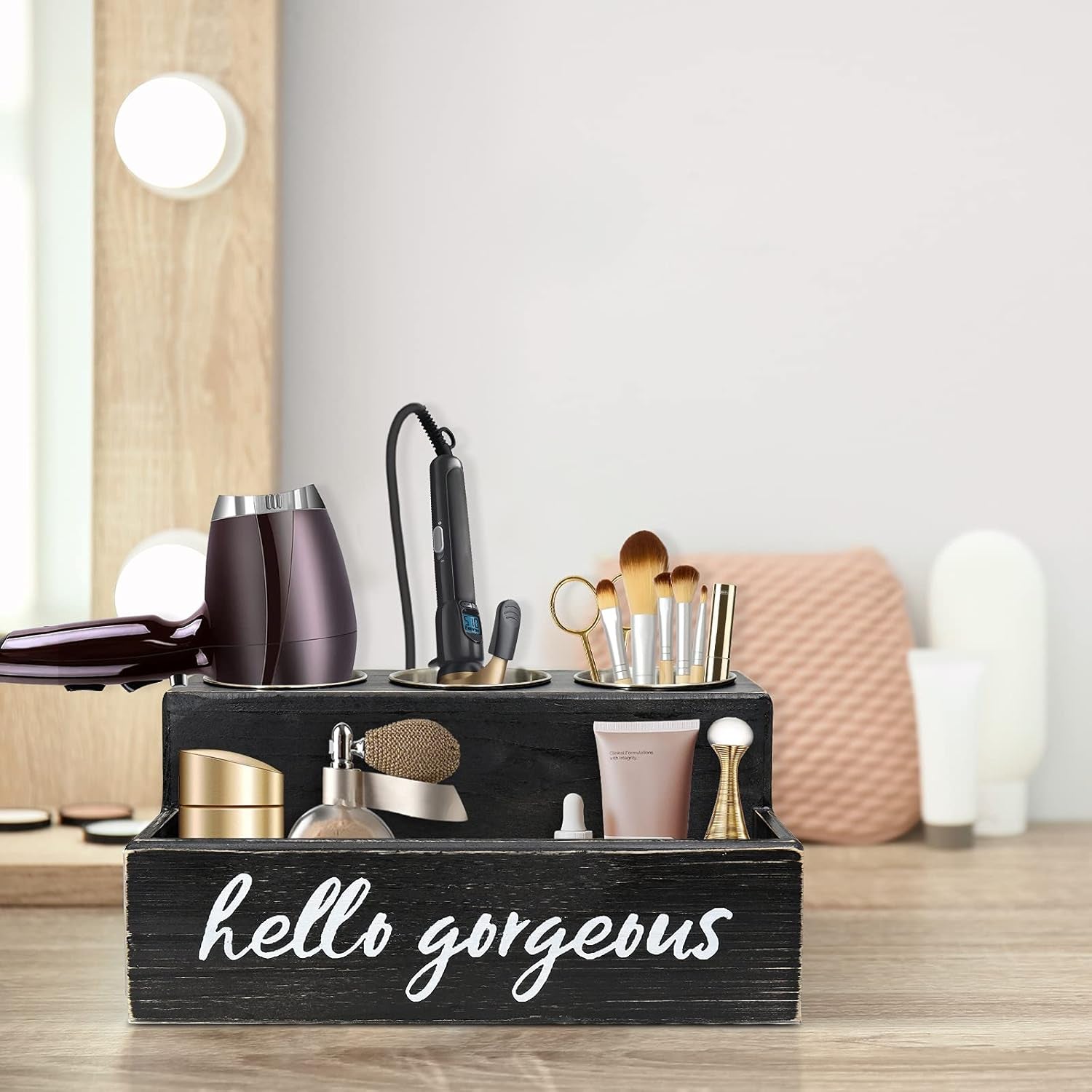Hair Blow Dryer Holder Black Curling Iron Holder Countertop, Hair Tools & Styling Supplies Organizer Flat ,Bathroom Counter Organizer for Accessories, Makeup, Toiletries Storage