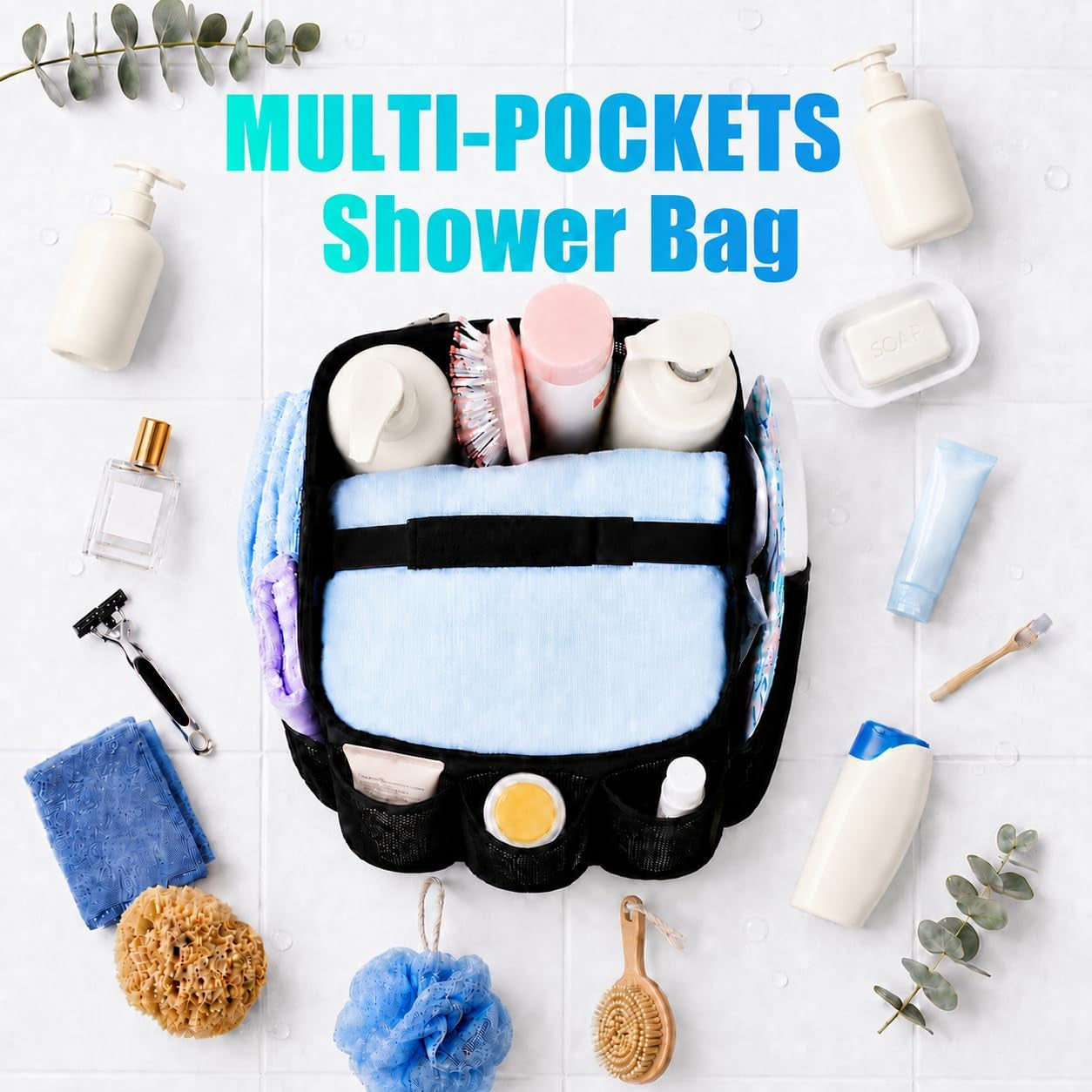 Mesh Shower Caddy Portable for College Dorm Room Camping Essentials, Shower Caddy Dorm with 9-Pockets, Large Capacity Hanging Basket Bathroom Bag for Toiletry, Swimming, Gym, Camp, Beach