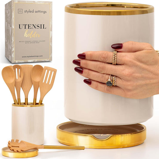 Beige Utensil Holder - Large Ceramic Utensil Crock for Kitchen Counter – Stylish Cooking Utensil Storage & Gold Spoon Rest – Kitchen Organization & Farmhouse Décor