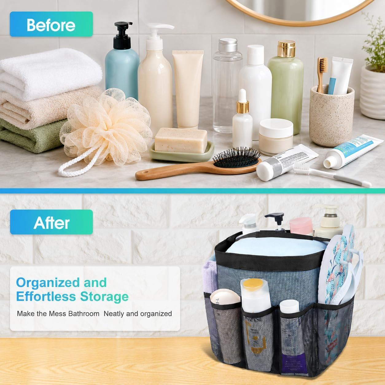 Mesh Shower Caddy Portable for College Dorm Room Camping Essentials, Shower Caddy Dorm with 9-Pockets, Large Capacity Hanging Basket Bathroom Bag for Toiletry, Swimming, Gym, Camp, Beach